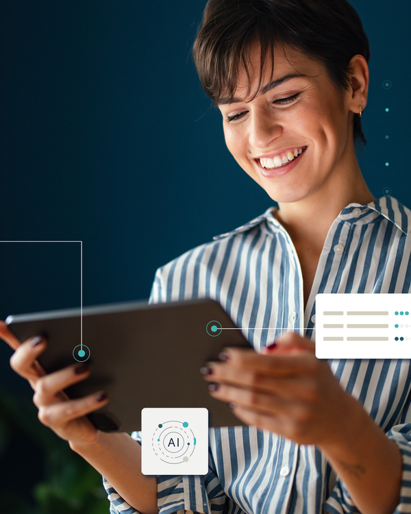 A woman looks smiling at her screen and a logo in the upper left corner says AI