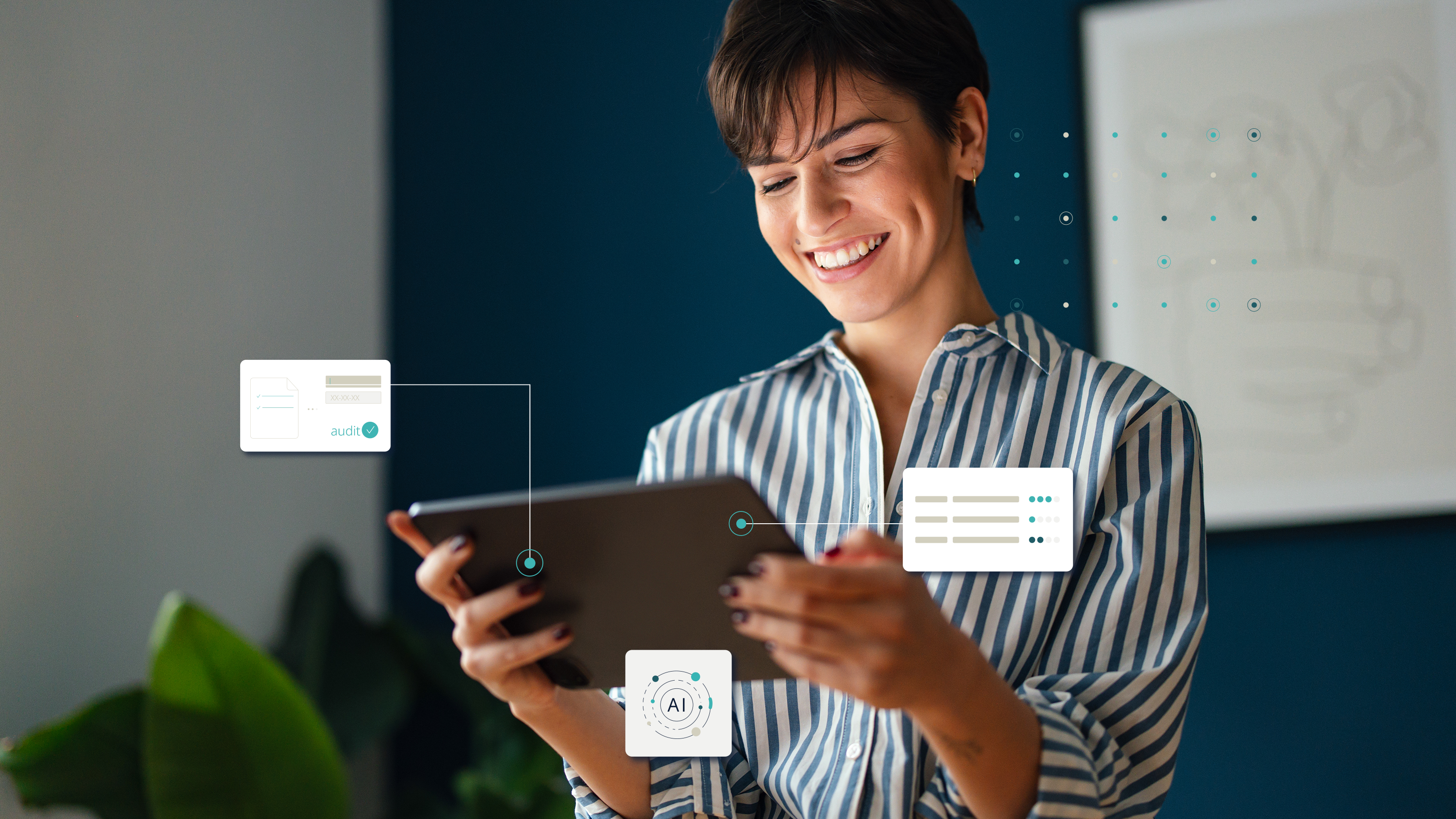 A woman looks smiling at her screen and a logo in the upper left corner says AI